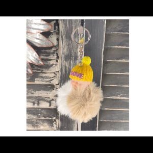 Pom Baby Keychain-Tan & White Pom w/Yellow Hat, Purple Love